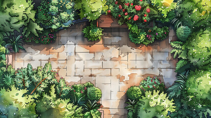 Watercolor illustration of a garden layout with pathways and lush greenery, seen from above.