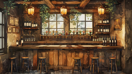 Obraz premium Cozy bar with stools and various beer taps, featuring vintage lighting and wooden decor, in a watercolor style.