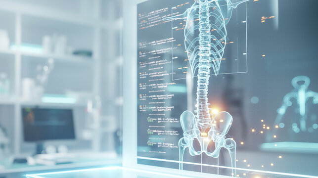 Hologram scan of human spine in a future technology lab for doctors to analyze data on abnormalities in the body. - Powered by Adobe