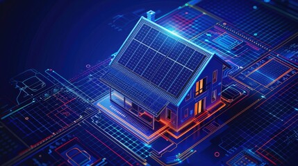 Futuristic smart home with solar panels amidst digital circuitry, representing innovation and sustainable technology.