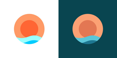 Sun sea circle flat icon. Wave beach coast logo vector