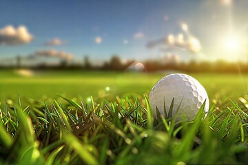 A close-up of a golf ball resting on lush green grass with the sun rising in the background, symbolizing a perfect shot. Ideal for sports advertisements, golf magazines, and motivational posters.