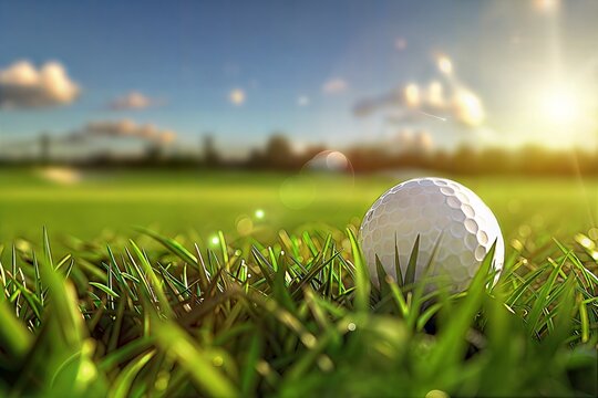 A close-up of a golf ball resting on lush green grass with the sun rising in the background, symbolizing a perfect shot. Ideal for sports advertisements, golf magazines, and motivational posters.