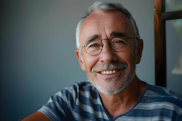 Obraz premium Portrait of a smiling senior man with glasses, grey hair, and a striped shirt, taken indoors with natural light and visible copy space.