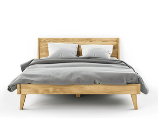 Scandinavian design double bed isolated on a white background. Simple and minimalist design. 