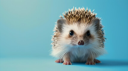 A cute little hedgehog is standing on a blue background, looking at the camera with a curious expression and with copy space.