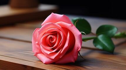 red rose on wooden table
