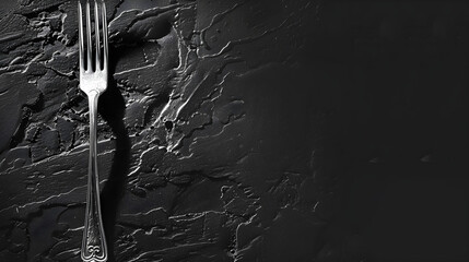 Monochromatic image of a fork casting a shadow on a dark, textured background. Ideal for kitchen, dining, culinary themes with ample copy space.