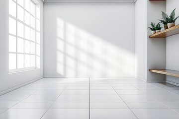 White empty room with white walls, white floor, and wooden shelves with potted plants. Sunlight streaming through the windows. Ideal for home staging, real estate, presentations. Copy space available.