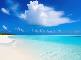 Fototapeta premium Beautiful sandy beach with rolling calm waves of white sand and turquoise ocean on sunny day against background of white clouds in blue sky. Maldives island