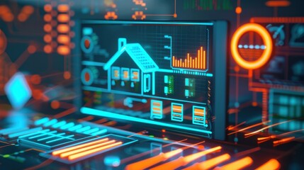 Futuristic technology interface displaying smart home analytics with vibrant neon graphics and statistical data on a digital screen.