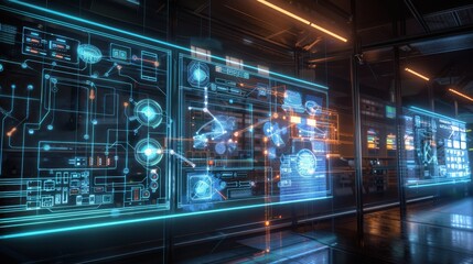 Futuristic technology interface with glowing data visuals in a modern control room setting, showcasing digital innovation and advanced systems.