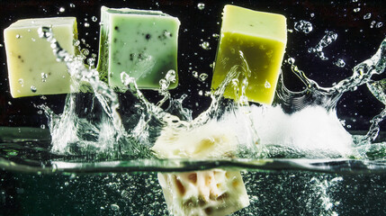 Natural soap bars , dry shampoo, waterless hand made body care products splashing into water. Perfect for showcasing eco friendly personal care products.