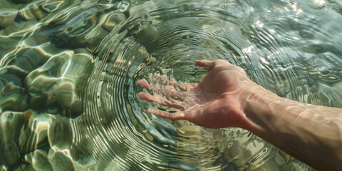 Fototapeta premium Hand in crystal clear water. Representing reflection, where mirrored surfaces reveal deeper truths, inviting introspection and unveiling the reflective beauty found within the tranquil depths of water