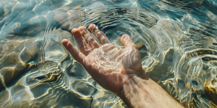 Hand in crystal clear water. Representing transformation, as the fluid reflections mirror inner change, embracing the metamorphosis that flows through life, evolving like water's gentle currents.