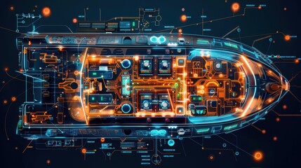 High-tech yacht interior schematic showing intricate engineering details and advanced technology systems, perfect for maritime innovation concepts.