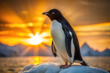 A penguin stands on ice with a stunning sunset in the background, illuminating the Antarctic landscape. Perfect for wildlife photography, nature documentaries, and environmental awareness campaigns.