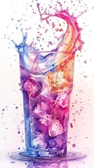 Trendy purple drink with ice in a glass on a white background. Summer refreshing drink