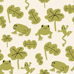 Cute frogs seamless pattern. Cute kawaii animal character. Vector background. Kids print