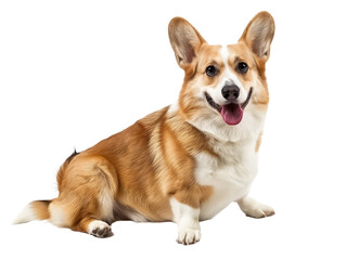 Full body shot of Pembroke Welsh Corgi dog, sitting, smiling.