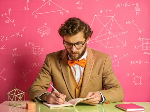 A man in glasses and a brown suit, concentrating on writing in a notebook, against a pink background with mathematical equations drawn on it. - Powered by Adobe