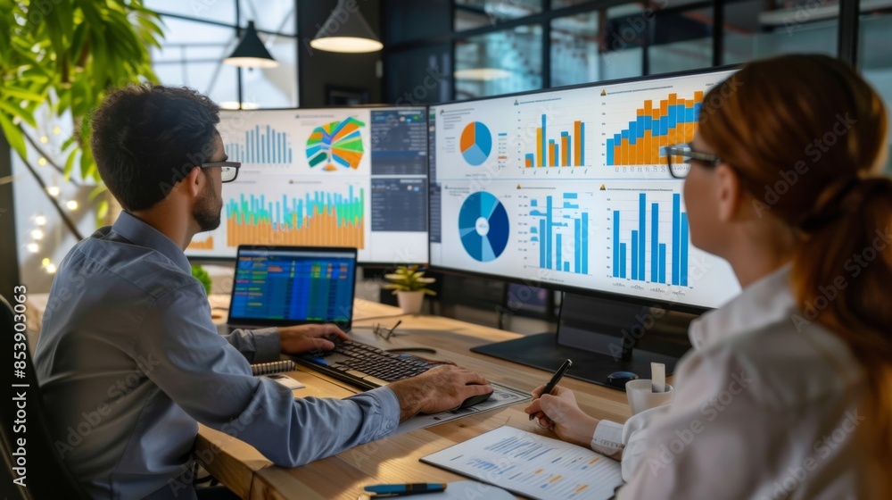 Poster A team of accountants reviewing balance sheets and income statements with graphs and charts on a large monitor.