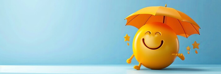 A smiling yellow sun emoji holds a yellow umbrella over its head in a 3D banner with copy space. The sun emoji is happily smiling with stars falling from the sky. Generative AI