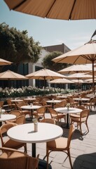 White umbrellas shade wooden tables and chairs at a cozy outdoor caf&eacute; surrounded by greenery