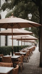Obraz premium A charming outdoor café with white umbrellas and wooden chairs, set under lush greenery on a sunny day, invites patrons to enjoy al fresco dining