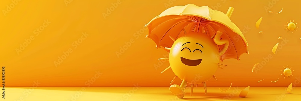 Poster A happy 3D sun emoji with a large smile holds an umbrella, standing on a yellow background with copy space. Generative AI