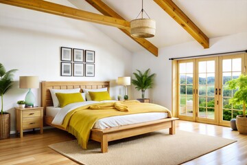 Fototapeta premium A bright and airy modern bedroom interior featuring wooden accents, large windows, and cozy furnishings. Perfect for home decor magazines, interior design blogs, and real estate advertisements