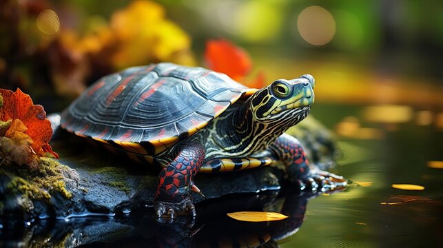 A turtle rests on a rock in a pond, surrounded by colorful autumn leaves.  The turtle's shell is a vibrant mix of colors and patterns.