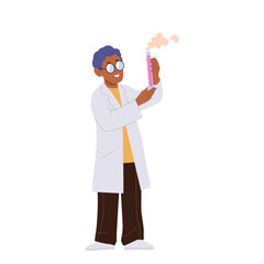 Little boy child cartoon character wearing lab coat holding test tube with bubbling chemical liquid