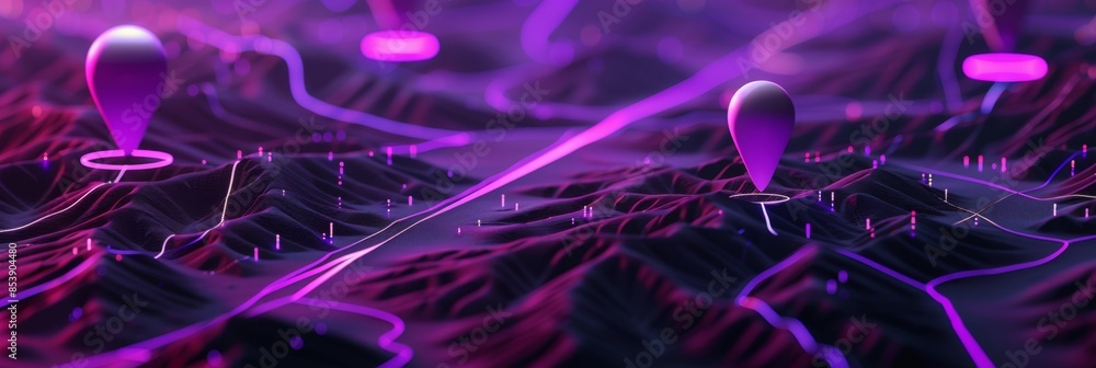 Poster augmented reality, a minimalistic 3d digital map with ar markers on a vibrant purple background, rep