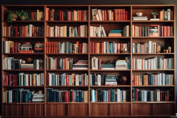 English textbooks on bookshelf Library education background