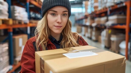 Close-up of a smiling female worker holding a cardboard box in a warehouse, with shelves and boxes in the background