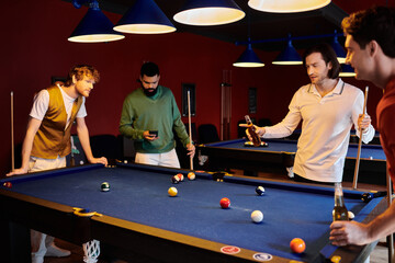 Friends gather around a pool table, enjoying a casual game of billiards in a dimly lit room.
