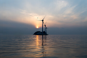 View of the wind turbines and flying seagulls during sunset on the sea