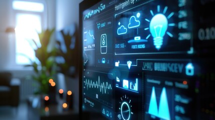 Smart home technology interface displaying energy usage, weather forecast, and security status in a modern living room.