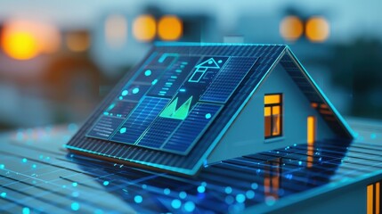 Smart home with solar panels and digital interface showing energy efficiency on the roof at sunset. Concept of clean energy technology.