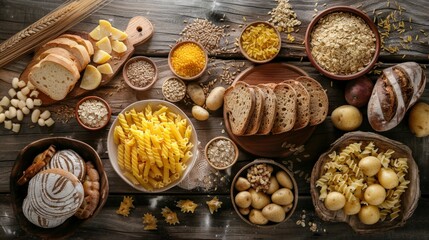 Artfully Arranged High-Carbohydrate Foods on Rustic Wooden Table