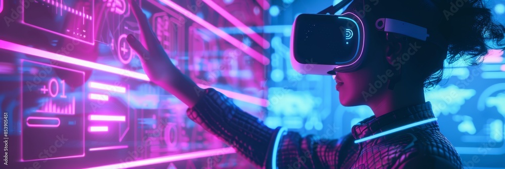 Poster augmented reality, a minimalistic 3d ar user interface on a neon magenta background, highlighting in