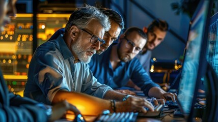 Silhouetted team of professionals working together on data analysis amidst a fiery, illuminating backdrop. AIG53M