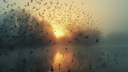 A Flock of Birds Taking Flight at Sunrise