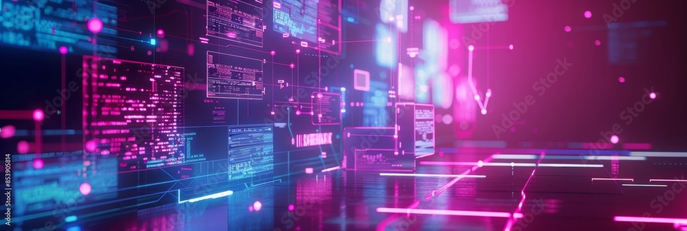 Poster augmented reality, a minimalistic 3d ar user interface on a neon magenta background, highlighting in