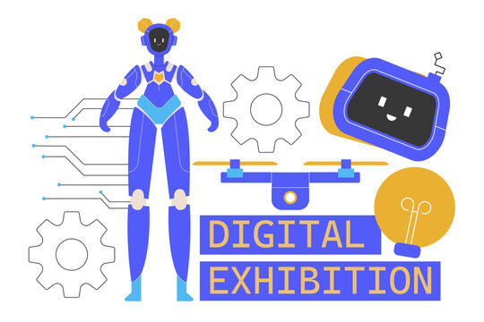 Futuristic robot with high-tech gadgets, gears, drones, and cyber elements, showcasing innovation, artificial intelligence, and technology's future. Ideal for digital events and tech exhibitions.