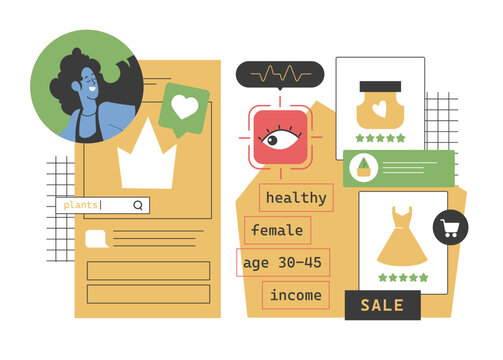 Female consumer profile with personalized data for targeted advertising. Elements include health, fashion interests, highlighting how data shapes marketing strategies and consumer engagement. Vector.