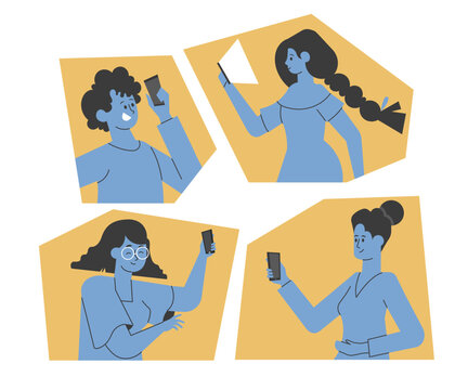 Illustration of four diverse people using smartphones, emphasizing digital communication, social media engagement, and online interaction. Depicts modern technology usage in everyday life.