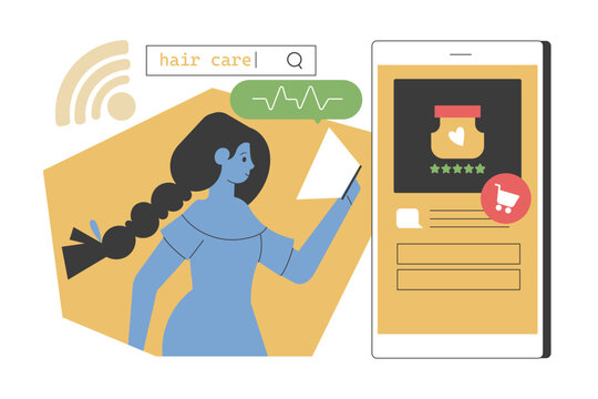 Woman searches for hair care products on her phone while contextual ads appear, highlighting online shopping, digital marketing, and targeted advertising. Ideal for e-commerce and technology themes.