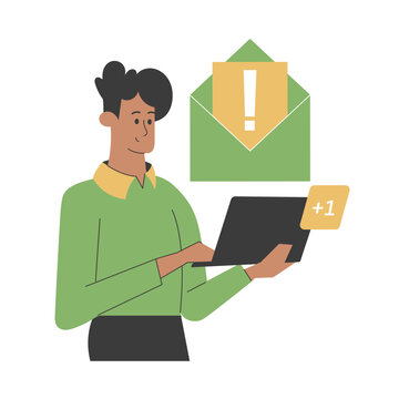 A man receives an important email notification on his laptop, symbolizing online communication, email alerts, and digital correspondence. Significance of staying connected. Vector illustration.